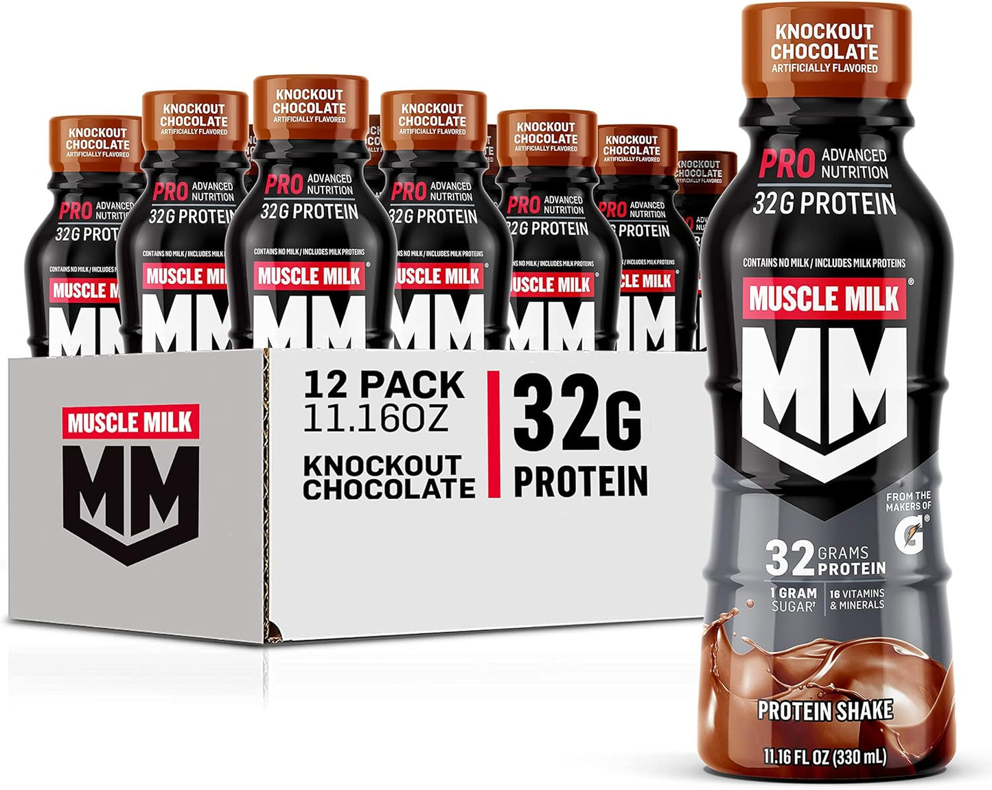 Pro Advanced Nutrition Protein Shake, Knockout Chocolate, 11.16 Fl Oz (Pack of 12), 32G Protein, 1G Sugar, 16 Vitamins & Minerals, 5G Fiber, Workout Recovery, Energizing Snack, Packaging May Vary