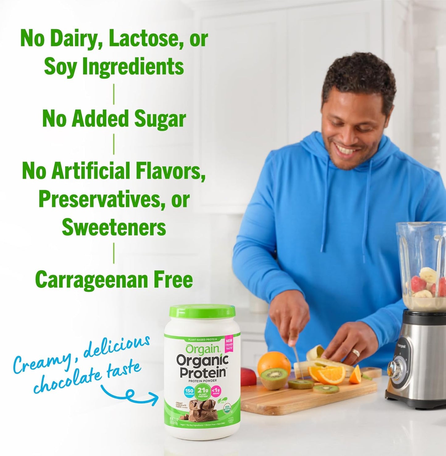 Organic Vegan Protein Powder, Creamy Chocolate Fudge - 21G Plant Protein, 7G Prebiotic Fiber, Low Net Carb, No Lactose Ingredients, No Added Sugar, Non-Gmo, for Shakes & Smoothies, 2.03 Lb
