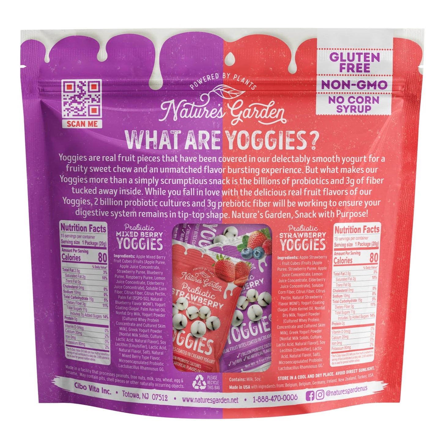 Probiotic Yoggies Multi Pack, 21Oz (Strawberry Yoggies 15X0.7 Oz +Mixed Berry Yoggies 15X0.7 Oz), Strawberry and Mixed Berry Yogurt Covered Snack, High Fiber, Real Fruit Pieces, No Artificial Ingredients, Healthy Snack for Adults