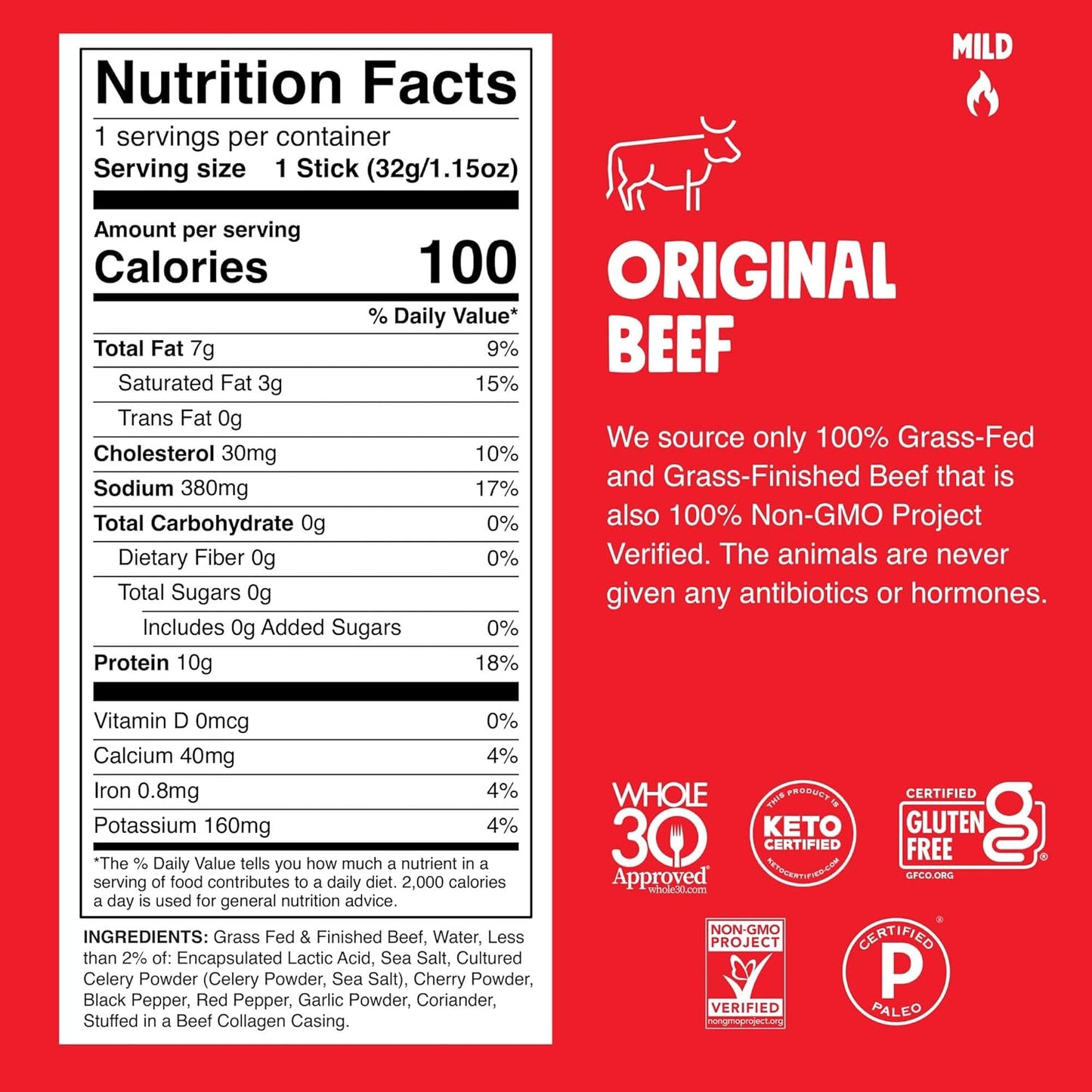 Grass-Fed and Finished Original Beef Jerky Snack Sticks 24-Pack, Keto, Paleo, Whole30, 10G Protein, Gluten-Free