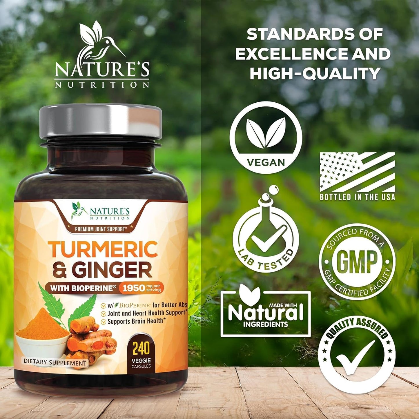 Turmeric Curcumin Supplement 1950Mg with Organic Turmeric & Ginger, 95% Curcuminoids, Bioperine Black Pepper for Best Absorption, Nature'S Vegan Joint Support, Non-Gmo, Bottled in USA - 240 Capsules