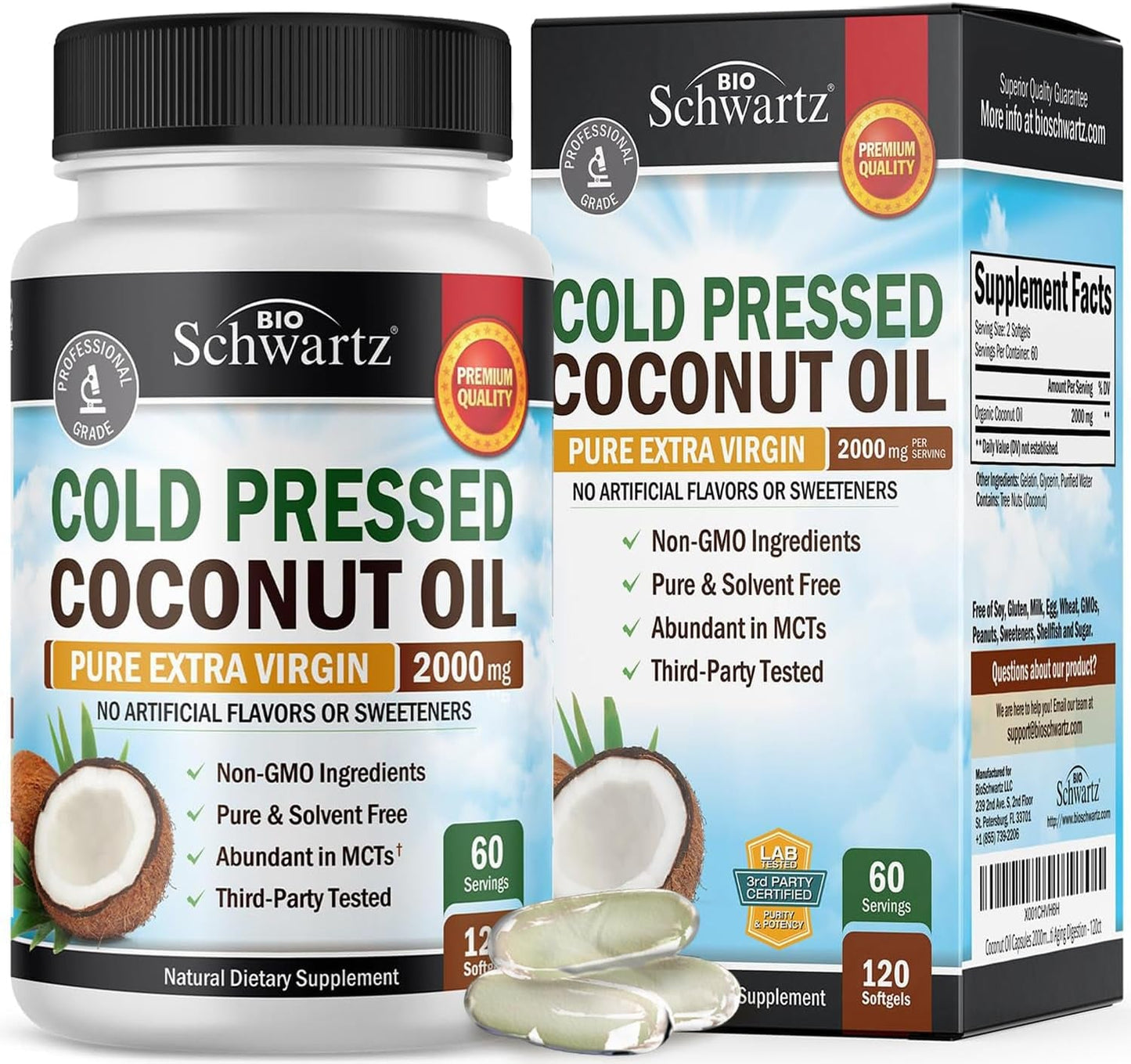 Coconut Oil Capsules 2000Mg - Organic Pure Extra Virgin Unrefined Cold Pressed MCT Rich & Non-Gmo for Healthy Skin Nails Hair Growth Support Bloating anti Aging Digestion - 120Ct (2 Month Supply)