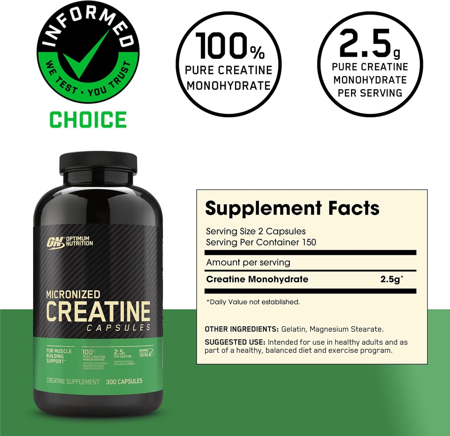 Micronized Creatine Monohydrate Capsules, Keto Friendly, 2500Mg, 300 Capsules (Packaging May Vary)