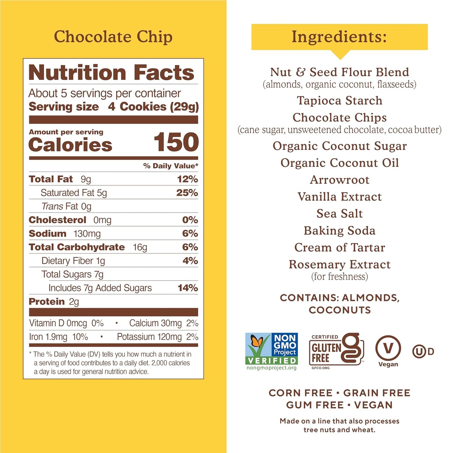 Almond Flour Crunchy Cookies, Chocolate Chip - Gluten Free, Vegan, Healthy Snacks, Made with Organic Coconut Oil, 5.5 Ounce (Pack of 1)