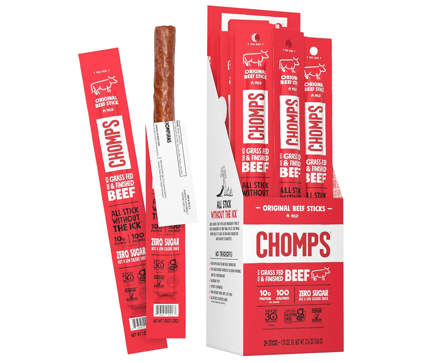 Grass-Fed and Finished Original Beef Jerky Snack Sticks 24-Pack, Keto, Paleo, Whole30, 10G Protein, Gluten-Free