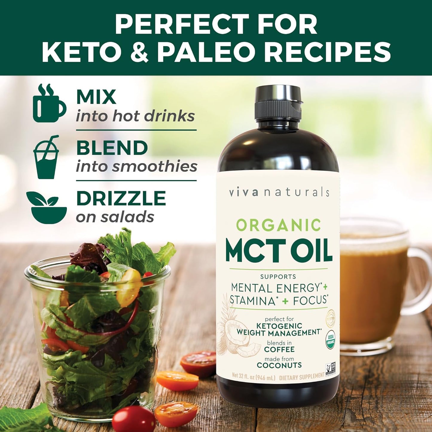 Organic MCT Oil 32 Fl Oz - Best MCT Oil Organic for Coffee, MCT Coconut Oil Supports Energy & Mental Clarity, USDA Organic, Non-Gmo, Paleo & Keto Certified, MCT Wellness
