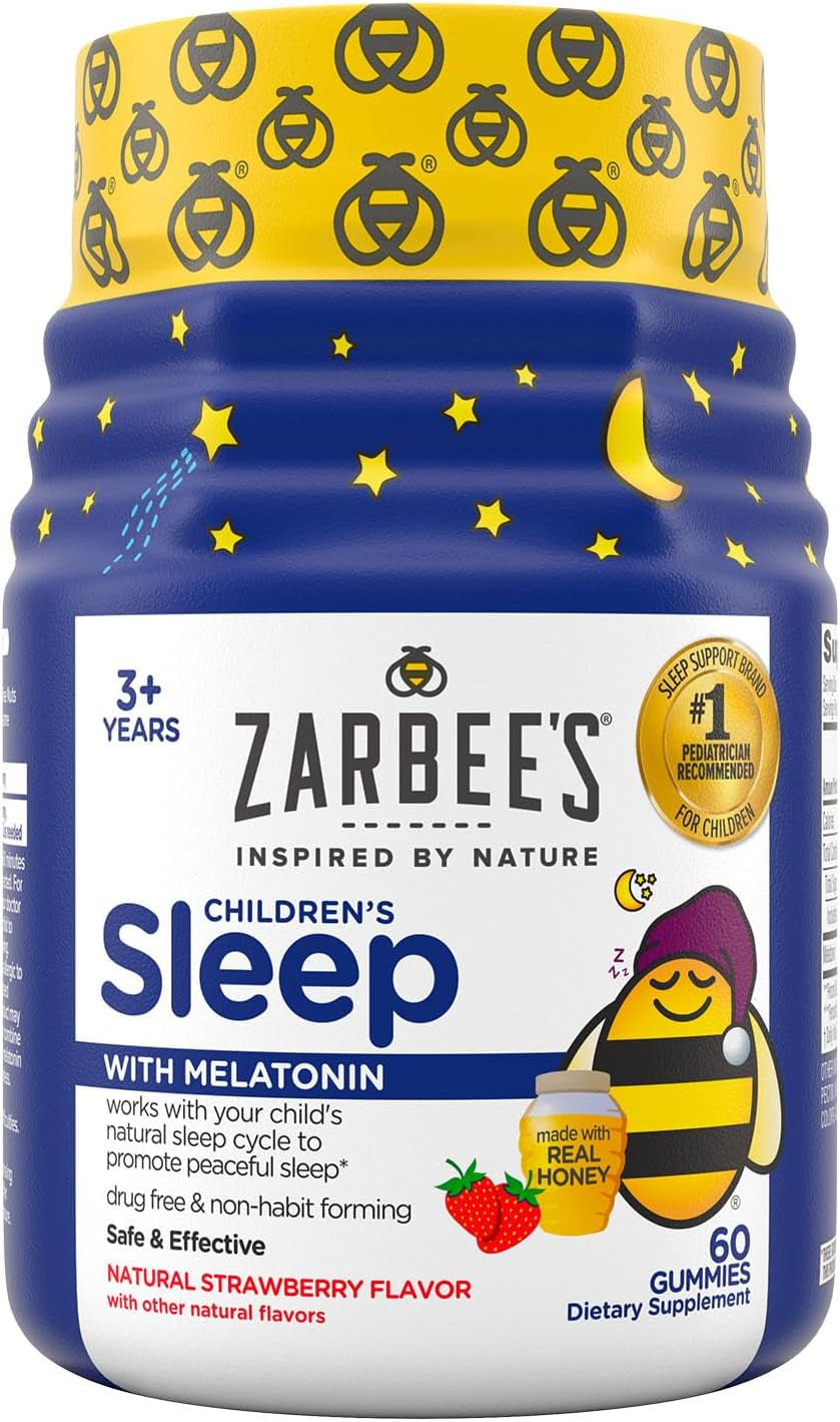 Children'S Sleep Gummies with Melatonin, Non-Habit Forming Children'S Sleep Gummies Work with Natural Sleep Cycles to Promote Peaceful Sleep, Drug-Free, Natural Strawberry, 60 Ct