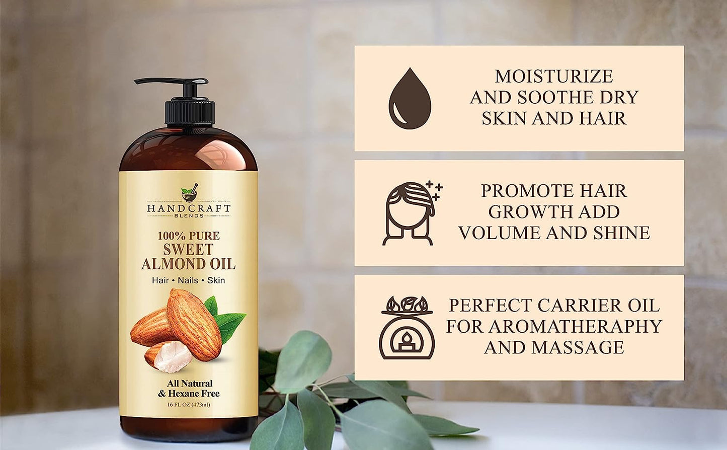 Sweet Almond Oil - 16 Fl Oz - 100% Pure and Natural - Premium Grade Oil for Skin and Hair - Carrier Oil - Hair and Body Oil - Massage Oil - Hexane-Free