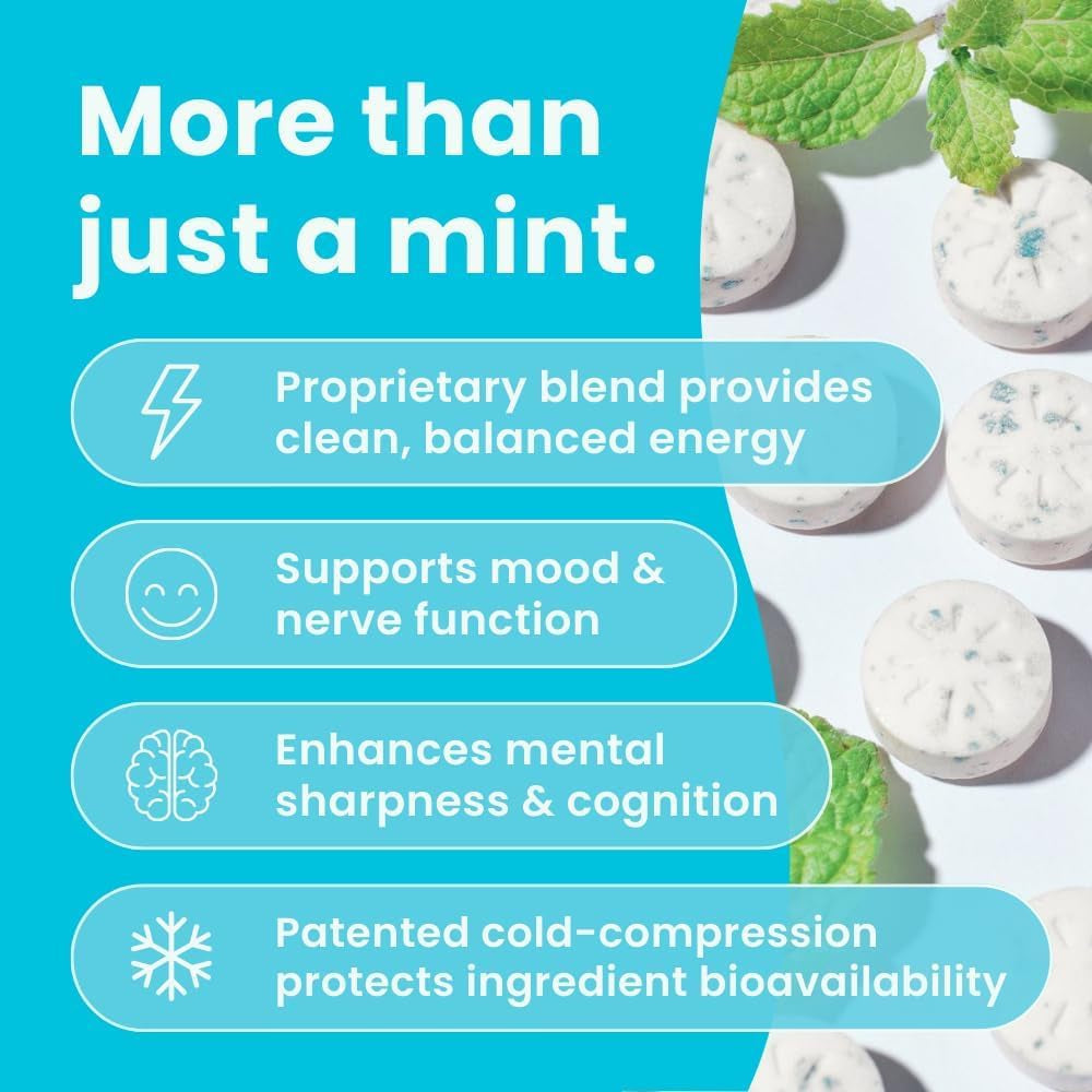 Energy Caffeine Mints (72 Pieces) - Sugar Free with L-Theanine + Natural Caffeine + Vitamin B12 & B6 - Nootropic Energy & Focus Supplement for Women & Men - Keto & Vegan, Peppermint Flavor