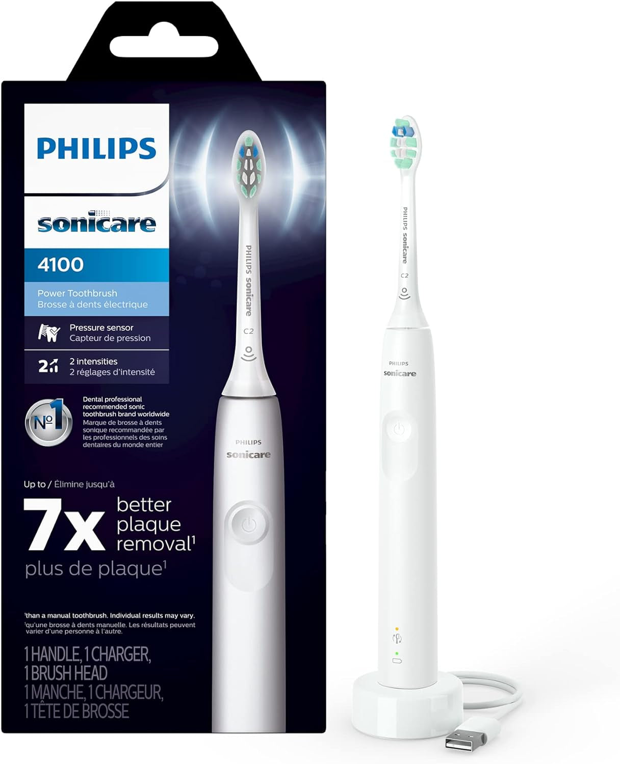 4100 Rechargeable Electric Toothbrush, with Pressure Sensor, 2 Intensity Settings, Smartimer and Quadpacer, 14-Day Battery Life, White, Model HX3681/23