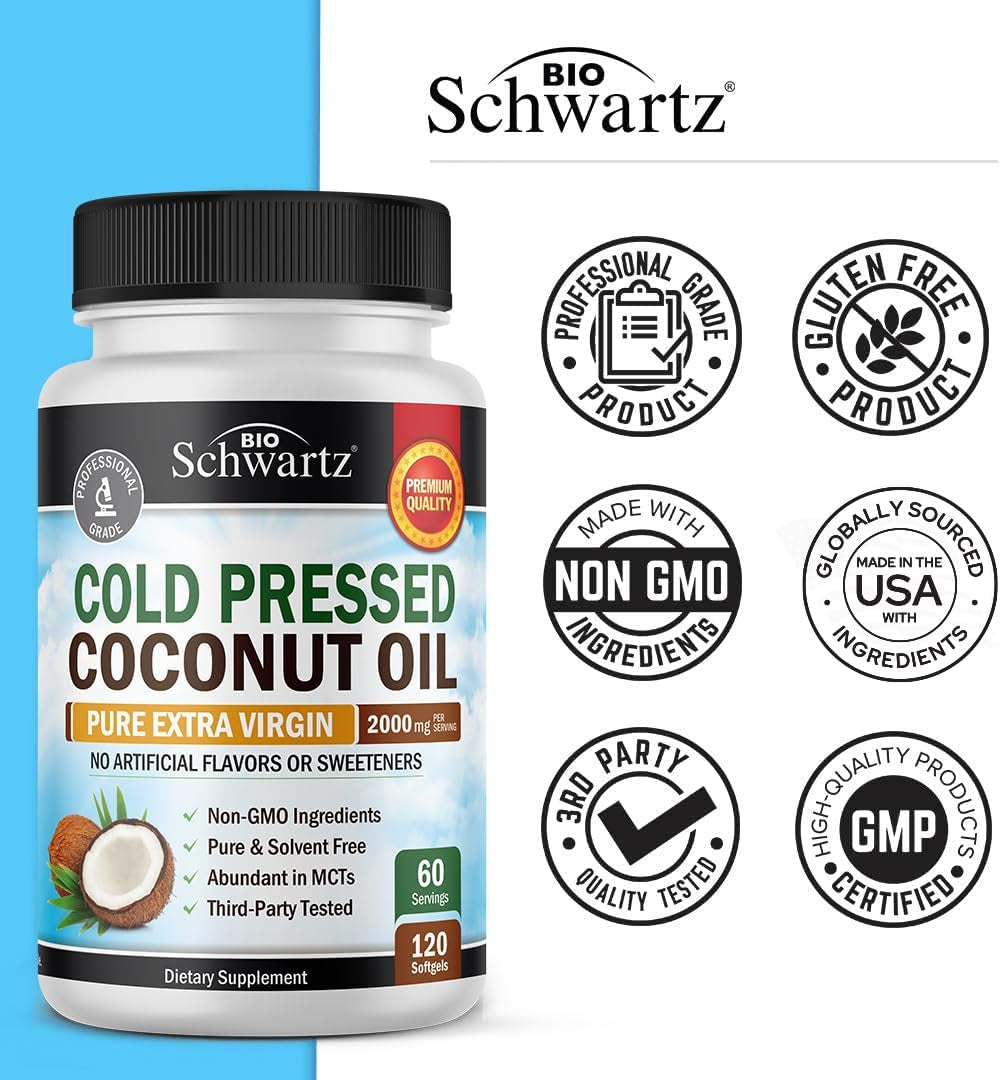 Coconut Oil Capsules 2000Mg - Organic Pure Extra Virgin Unrefined Cold Pressed MCT Rich & Non-Gmo for Healthy Skin Nails Hair Growth Support Bloating anti Aging Digestion - 120Ct (2 Month Supply)