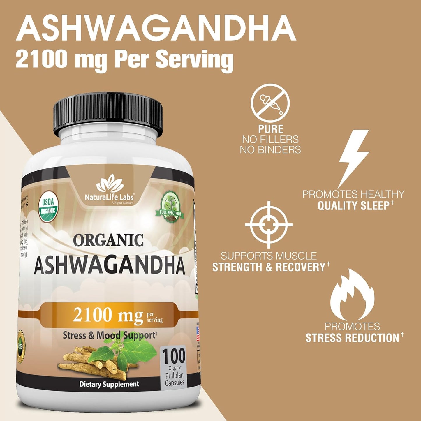 Organic Ashwagandha 2,100 Mg - 100 Veggie Capsules Pure Organic Ashwagandha Powder and Root Extract - Stress Relief, Mood Enhancer