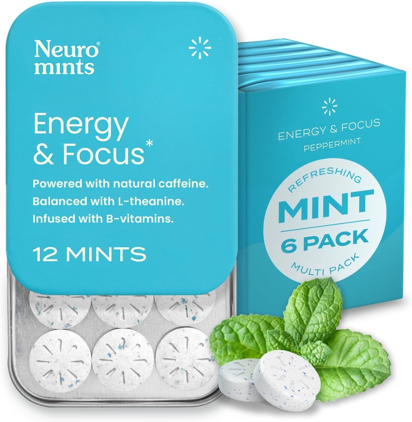 Energy Caffeine Mints (72 Pieces) - Sugar Free with L-Theanine + Natural Caffeine + Vitamin B12 & B6 - Nootropic Energy & Focus Supplement for Women & Men - Keto & Vegan, Peppermint Flavor