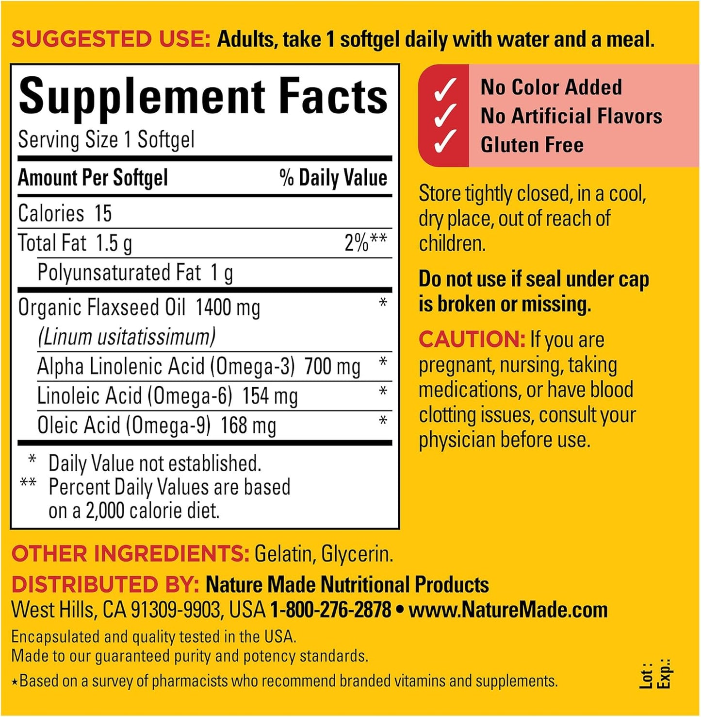 Extra Strength Flaxseed Oil 1400 Mg, Fish Free Omega 3 Supplement, Dietary Supplement for Heart Health Support, 100 Softgels, 100 Day Supply