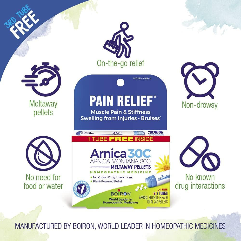 Arnica Montana 30C Homeopathic Medicine for Relief from Muscle Pain, Muscle Stiffness, Swelling from Injury, and Discoloration from Bruises - 3 Count (240 Pellets)