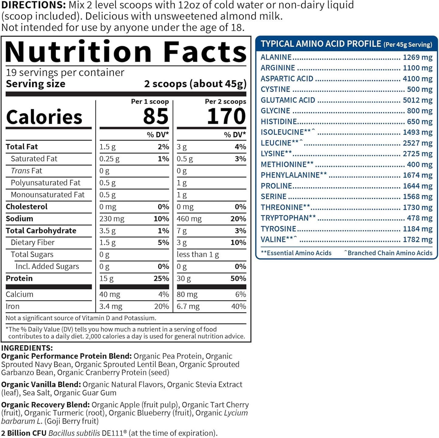 Organic Vegan Protein Powder, Vanilla Protein Powder with Probiotics, Bcaas, 30G Plant Protein, NSF Certified, Gluten Free & Sport, Non GMO, Sport Protein Powder - 19 Servings