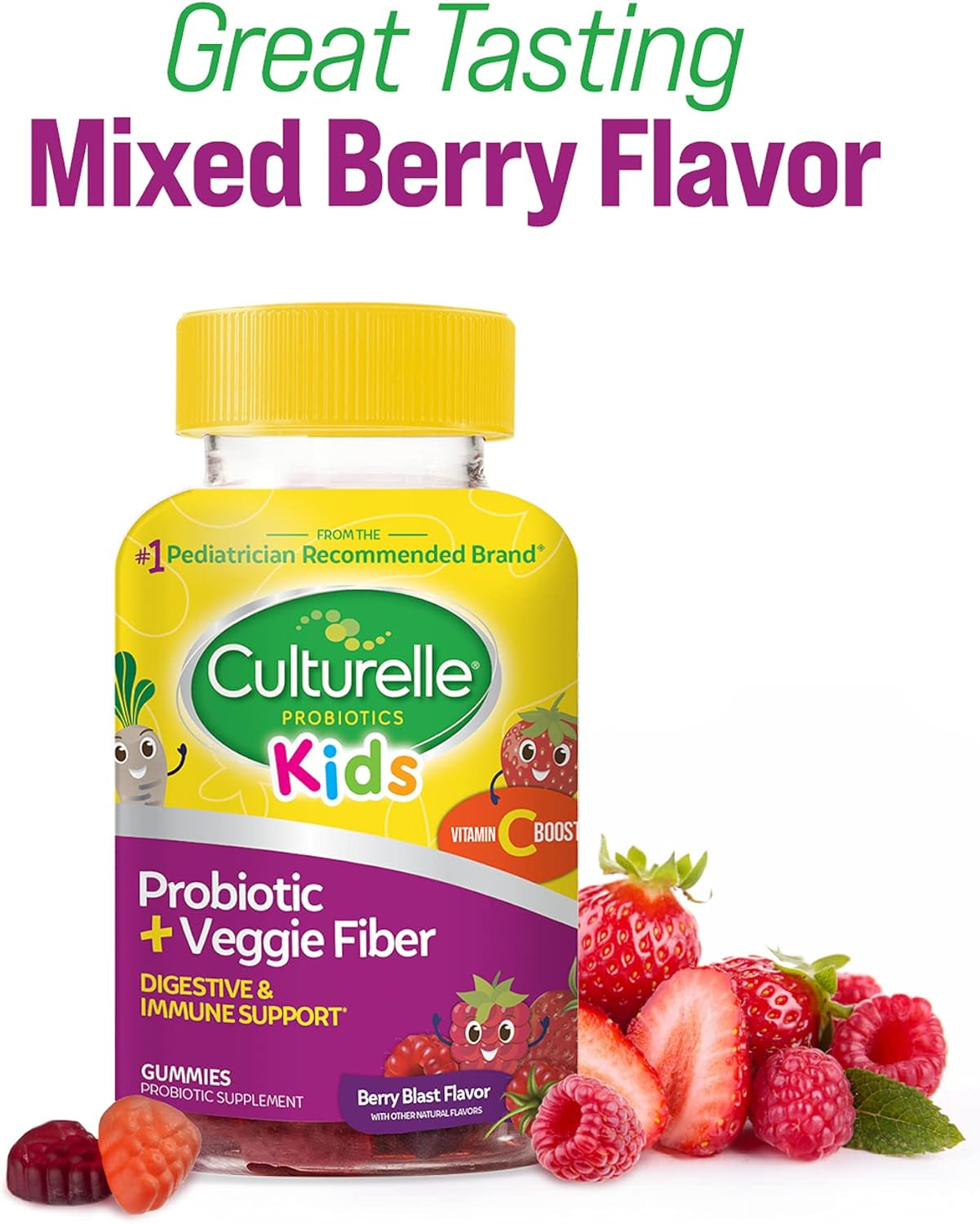 Daily Probiotic for Kids + Veggie Fiber Gummies (Ages 3+) 30 Count Berry Flavor - Probiotics for Digestive Health & Immune Support plus Vitamin C Kids Boost