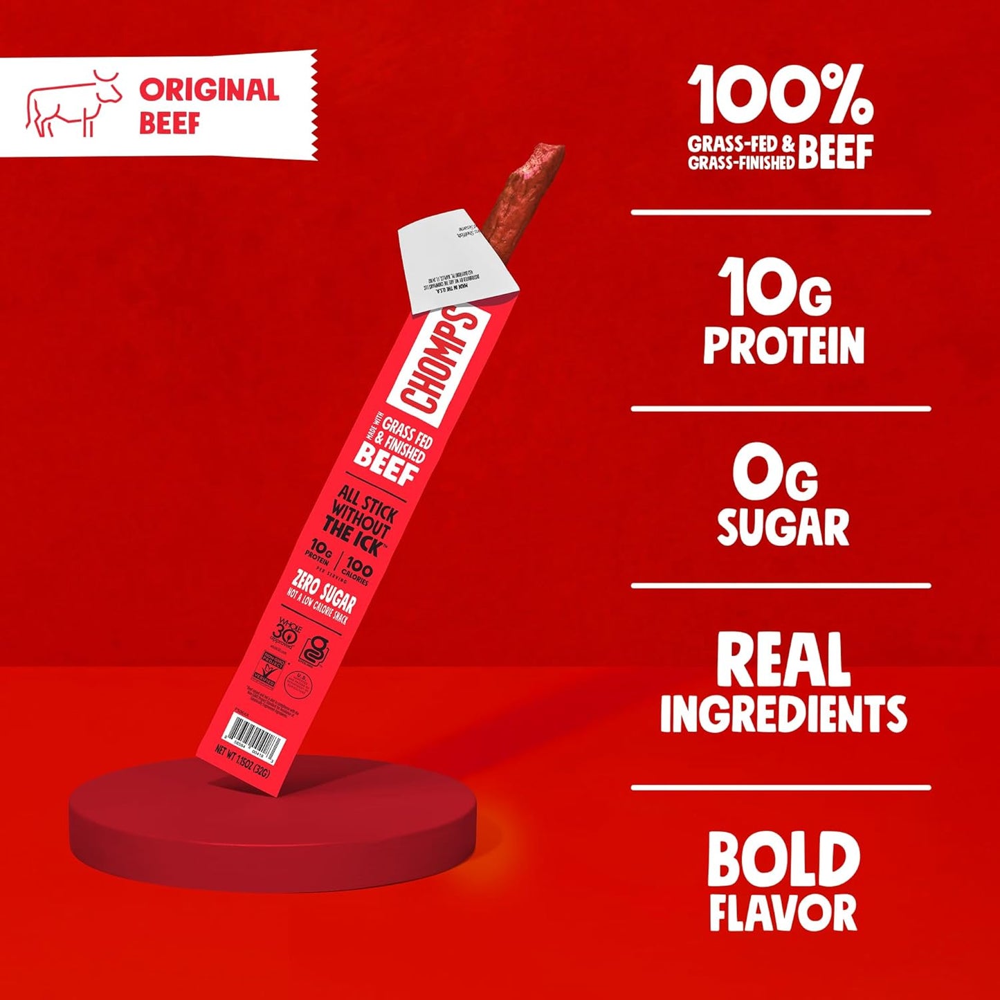 Grass-Fed and Finished Original Beef Jerky Snack Sticks 24-Pack, Keto, Paleo, Whole30, 10G Protein, Gluten-Free