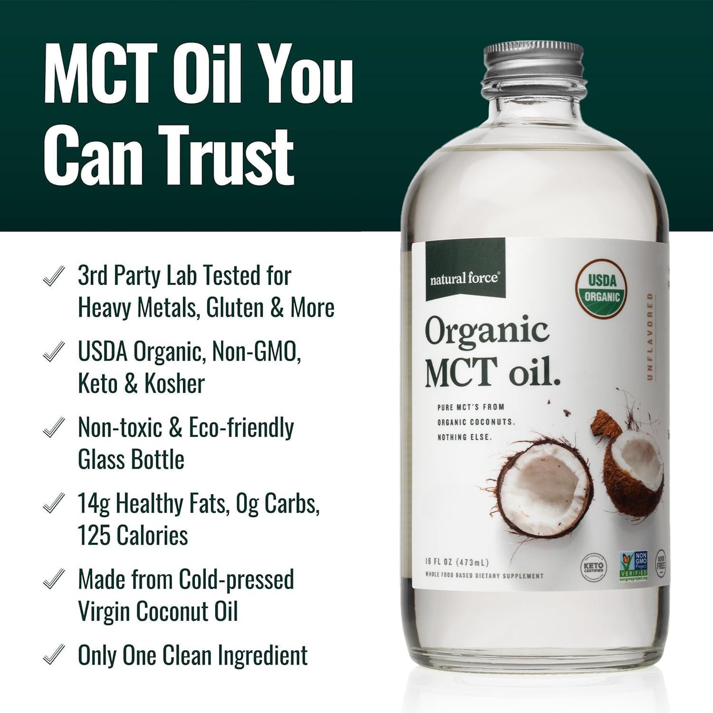 100% Virgin Coconut MCT Oil - 16Oz Glass Bottle, Certified Keto, Paleo, Kosher, Vegan & Non-Gmo