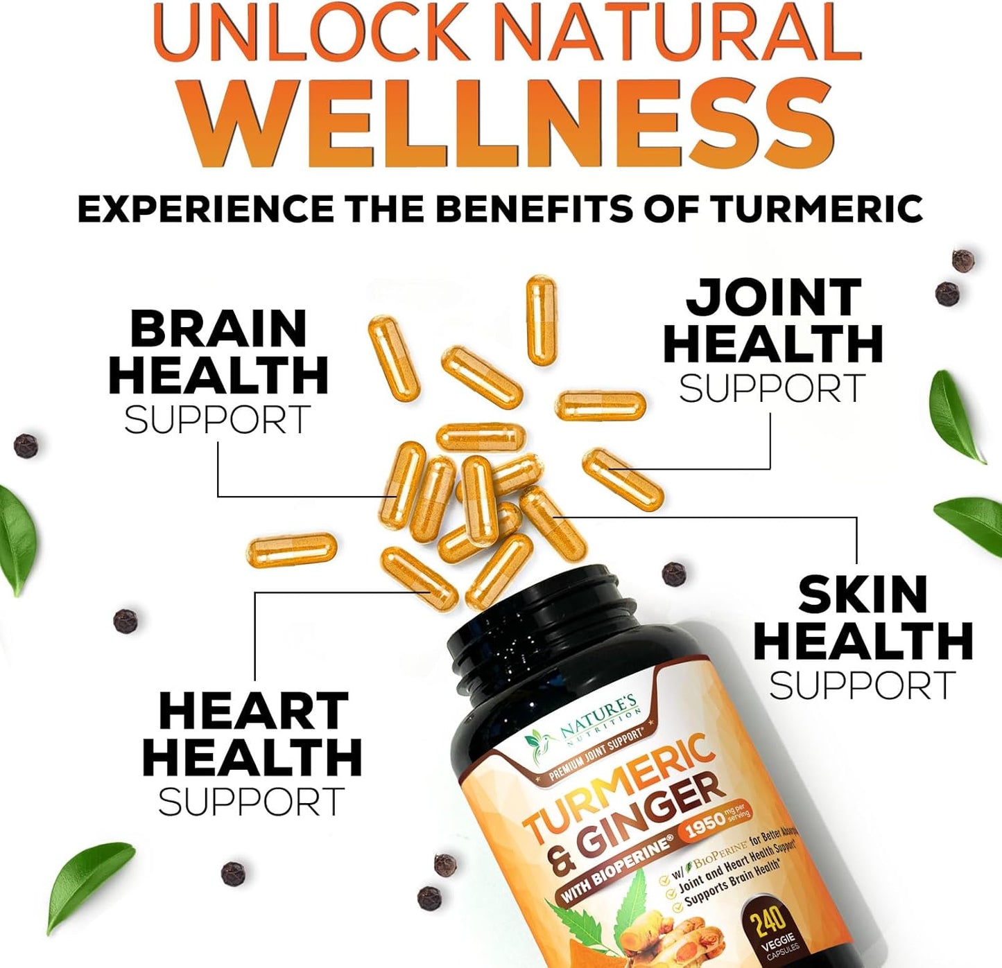 Turmeric Curcumin Supplement 1950Mg with Organic Turmeric & Ginger, 95% Curcuminoids, Bioperine Black Pepper for Best Absorption, Nature'S Vegan Joint Support, Non-Gmo, Bottled in USA - 240 Capsules