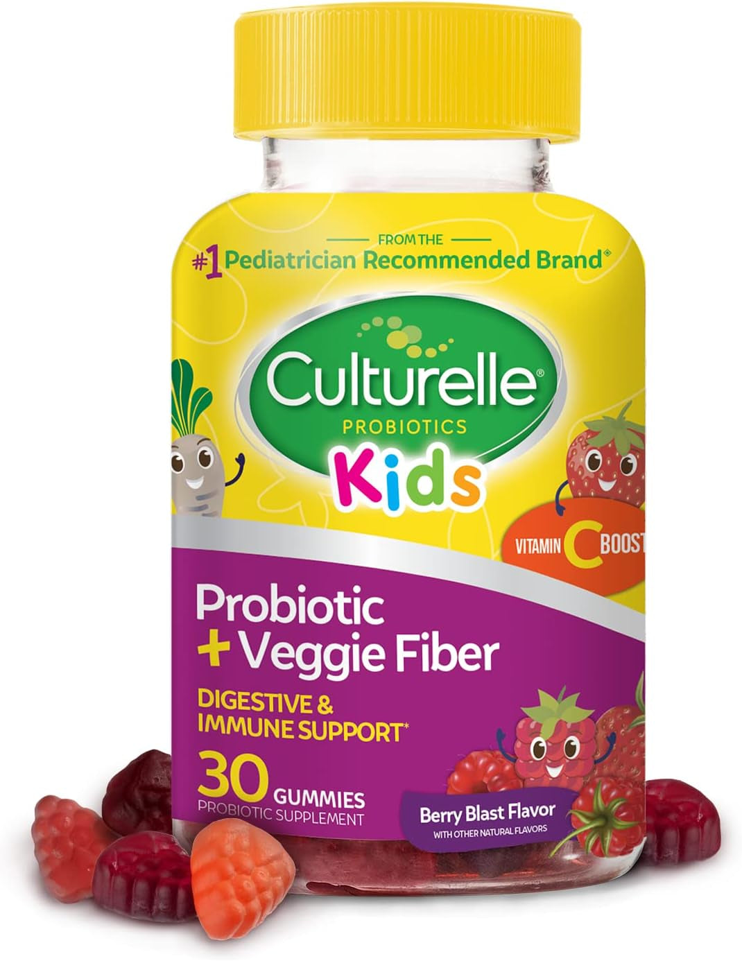Daily Probiotic for Kids + Veggie Fiber Gummies (Ages 3+) 30 Count Berry Flavor - Probiotics for Digestive Health & Immune Support plus Vitamin C Kids Boost