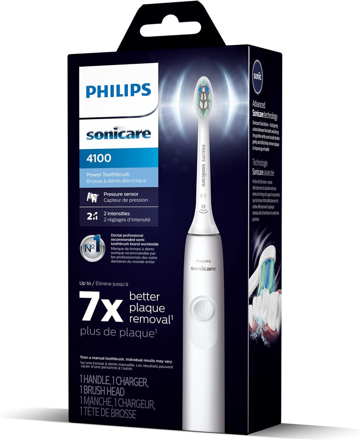 4100 Rechargeable Electric Toothbrush, with Pressure Sensor, 2 Intensity Settings, Smartimer and Quadpacer, 14-Day Battery Life, White, Model HX3681/23