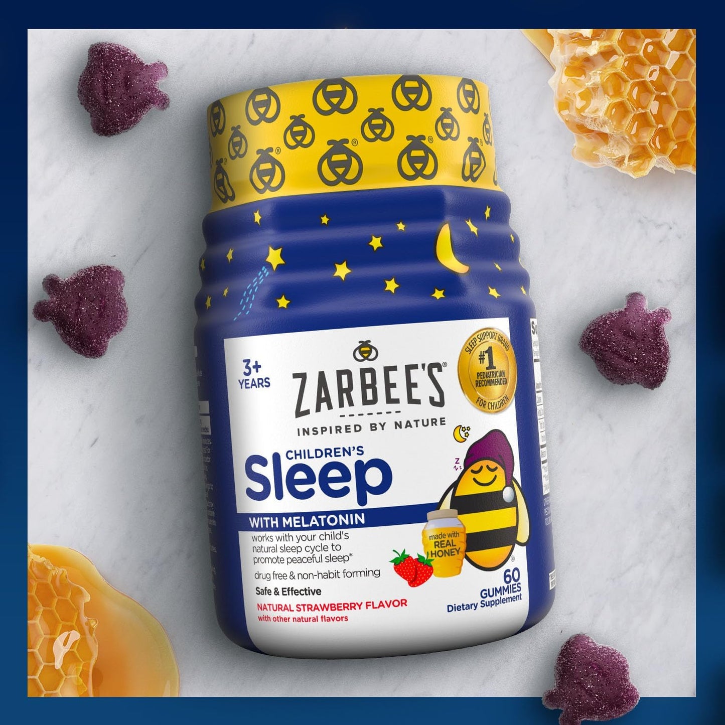 Children'S Sleep Gummies with Melatonin, Non-Habit Forming Children'S Sleep Gummies Work with Natural Sleep Cycles to Promote Peaceful Sleep, Drug-Free, Natural Strawberry, 60 Ct