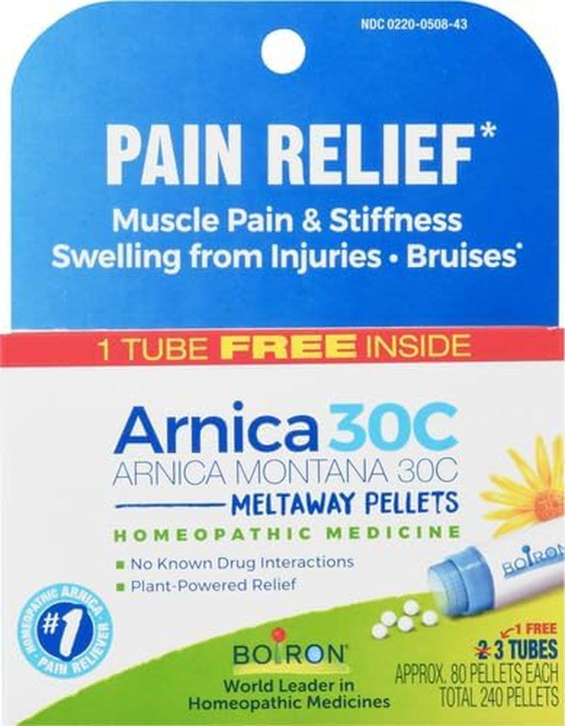 Arnica Montana 30C Homeopathic Medicine for Relief from Muscle Pain, Muscle Stiffness, Swelling from Injury, and Discoloration from Bruises - 3 Count (240 Pellets)