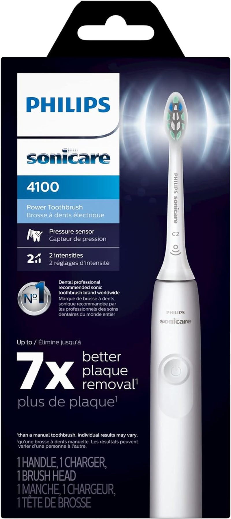 4100 Rechargeable Electric Toothbrush, with Pressure Sensor, 2 Intensity Settings, Smartimer and Quadpacer, 14-Day Battery Life, White, Model HX3681/23