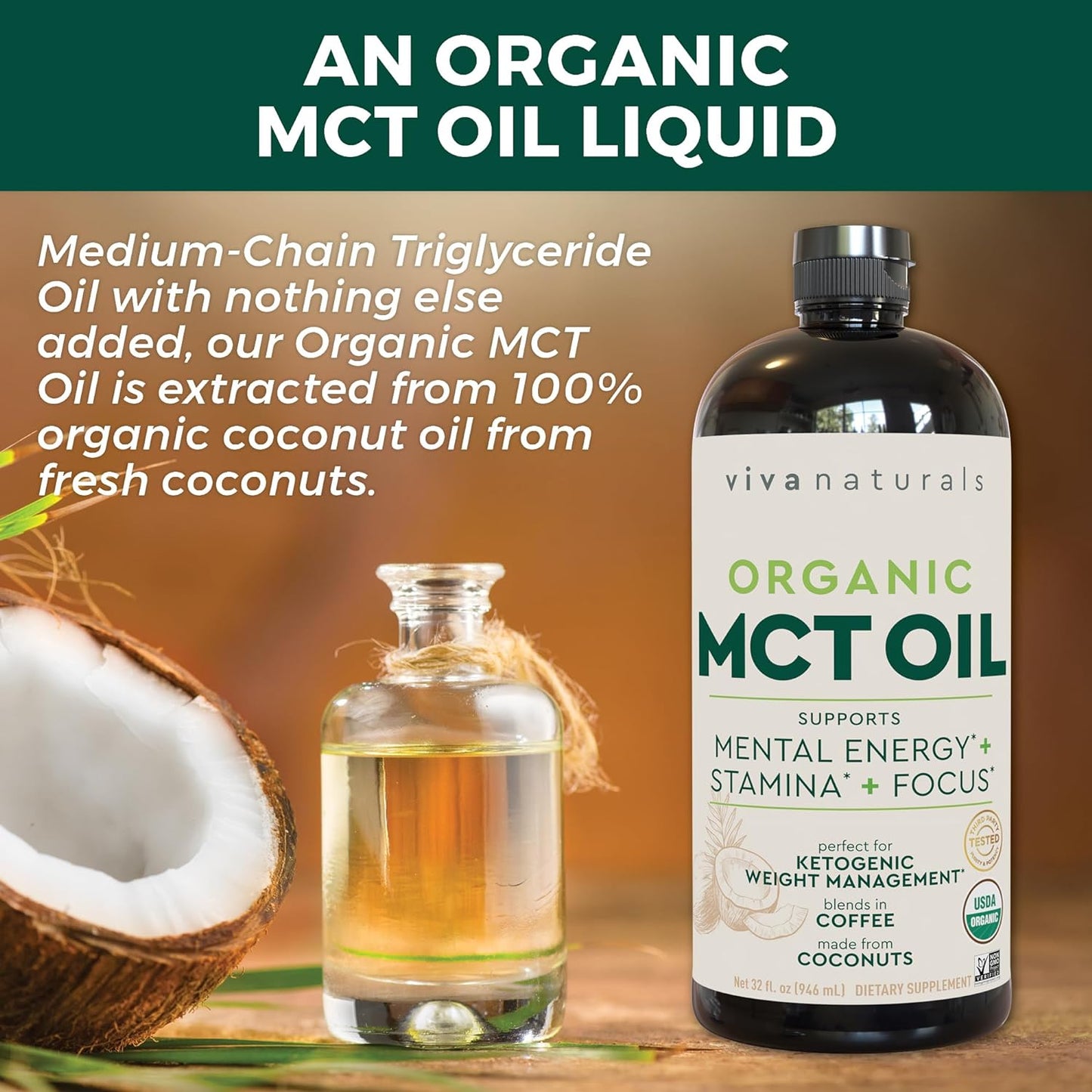 Organic MCT Oil 32 Fl Oz - Best MCT Oil Organic for Coffee, MCT Coconut Oil Supports Energy & Mental Clarity, USDA Organic, Non-Gmo, Paleo & Keto Certified, MCT Wellness