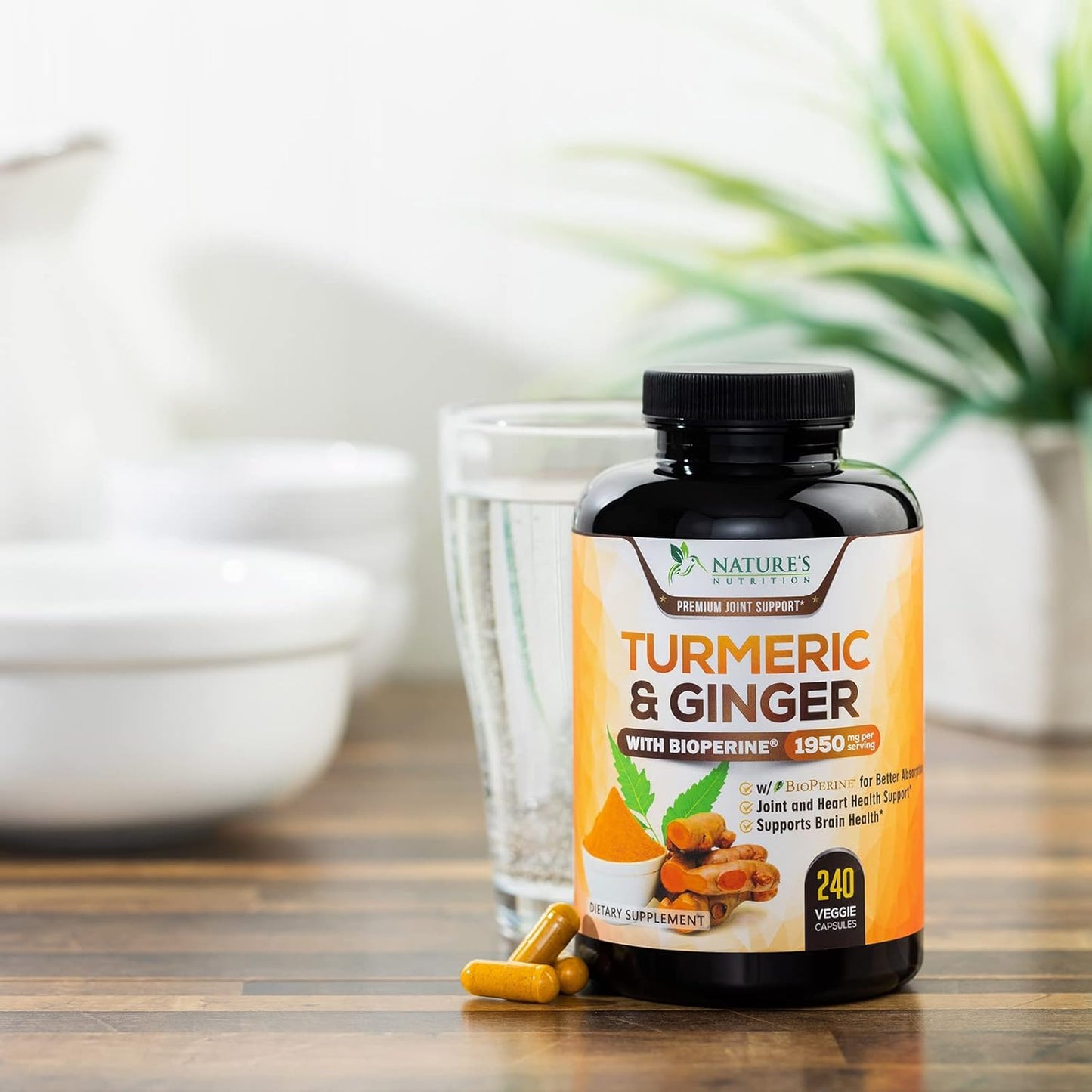 Turmeric Curcumin Supplement 1950Mg with Organic Turmeric & Ginger, 95% Curcuminoids, Bioperine Black Pepper for Best Absorption, Nature'S Vegan Joint Support, Non-Gmo, Bottled in USA - 240 Capsules