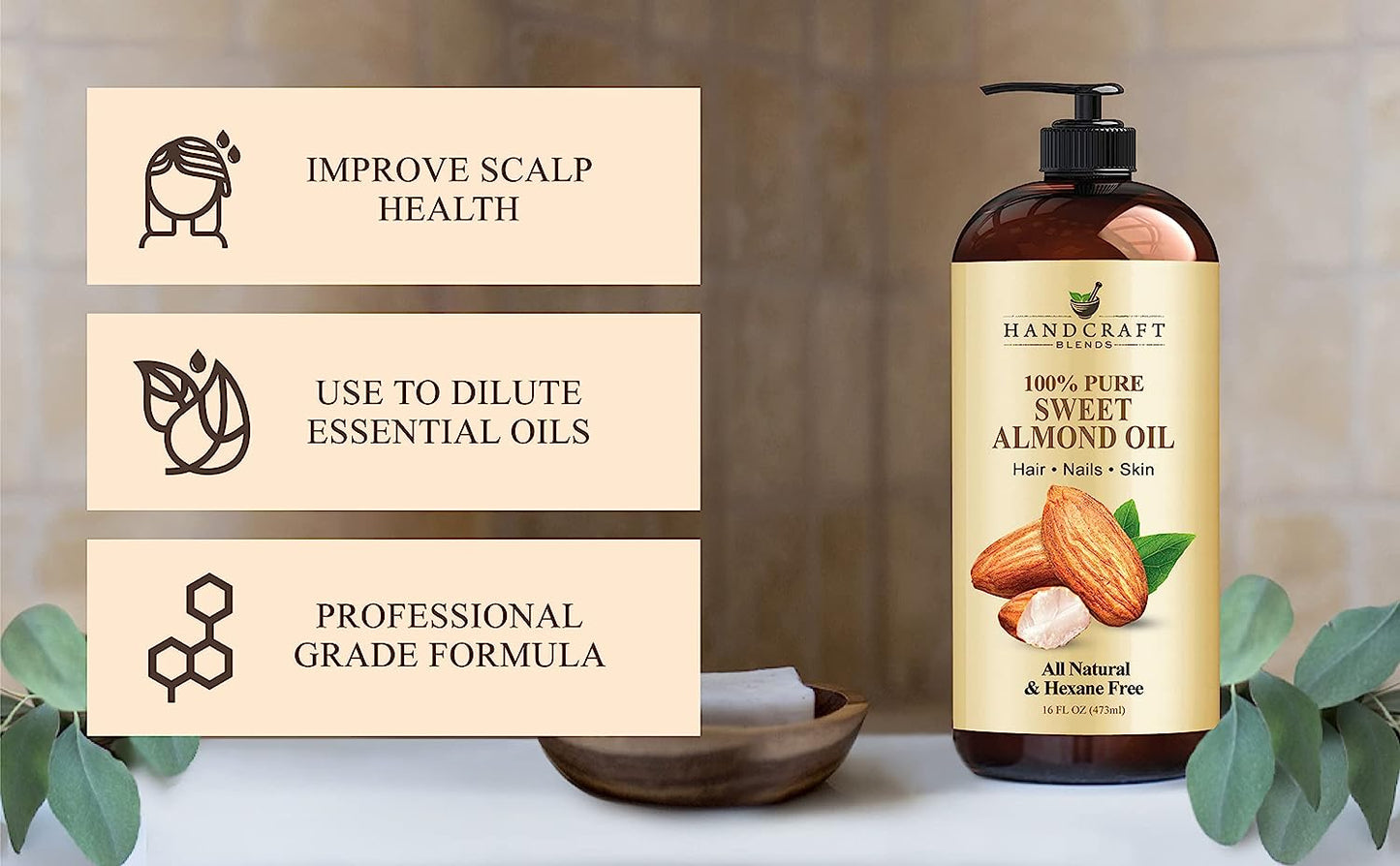 Sweet Almond Oil - 16 Fl Oz - 100% Pure and Natural - Premium Grade Oil for Skin and Hair - Carrier Oil - Hair and Body Oil - Massage Oil - Hexane-Free