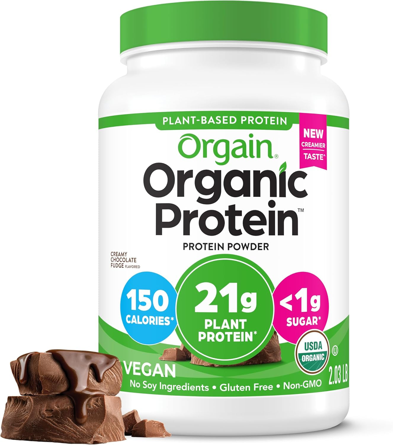 Organic Vegan Protein Powder, Creamy Chocolate Fudge - 21G Plant Protein, 7G Prebiotic Fiber, Low Net Carb, No Lactose Ingredients, No Added Sugar, Non-Gmo, for Shakes & Smoothies, 2.03 Lb