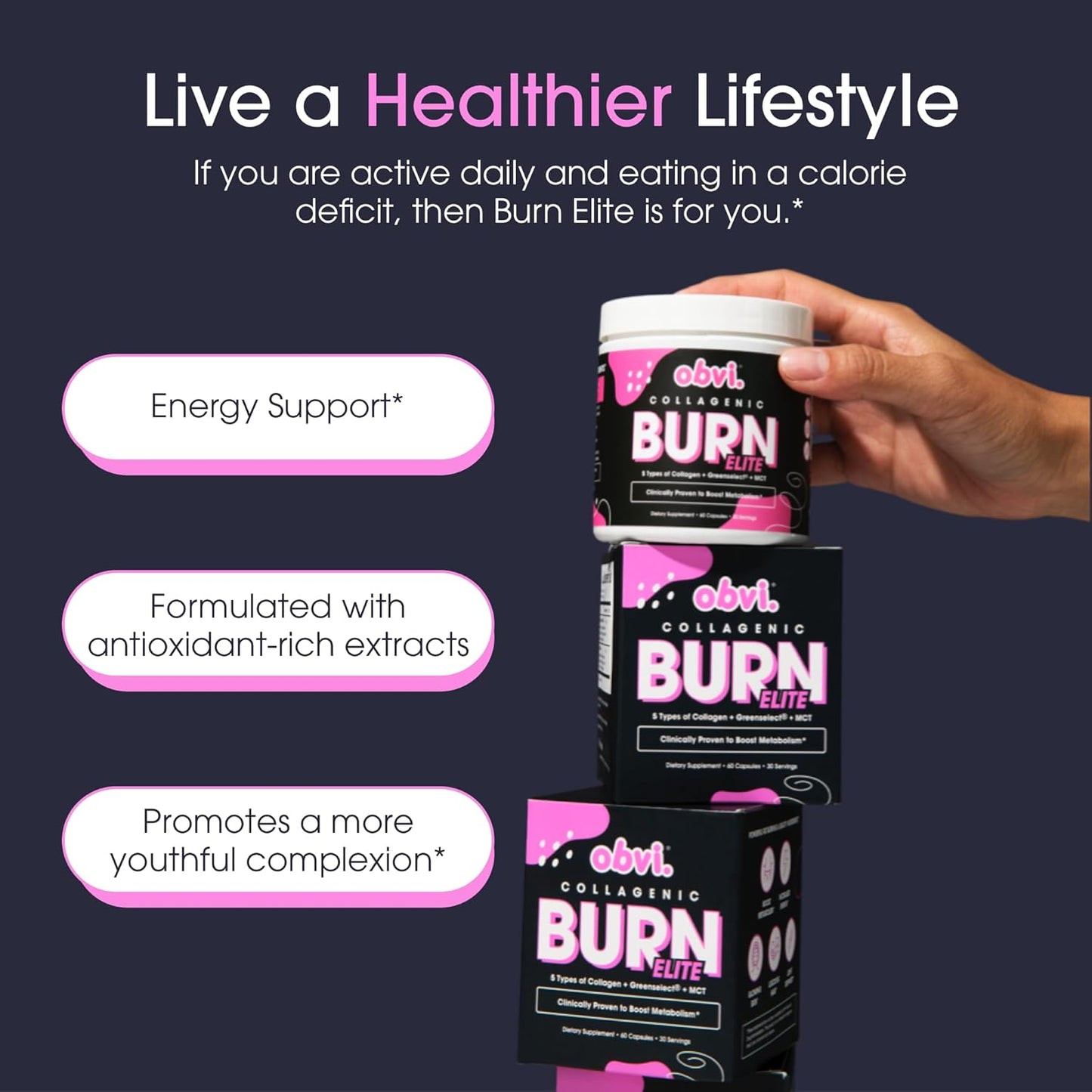 Burn Elite | Supports Metabolism Boost, Energy, and Focus | Supplement with Collagen and Green Tea | Supports Healthy Hair, Skin, Nails, and Joints | 60 Capsules, 30 Servings