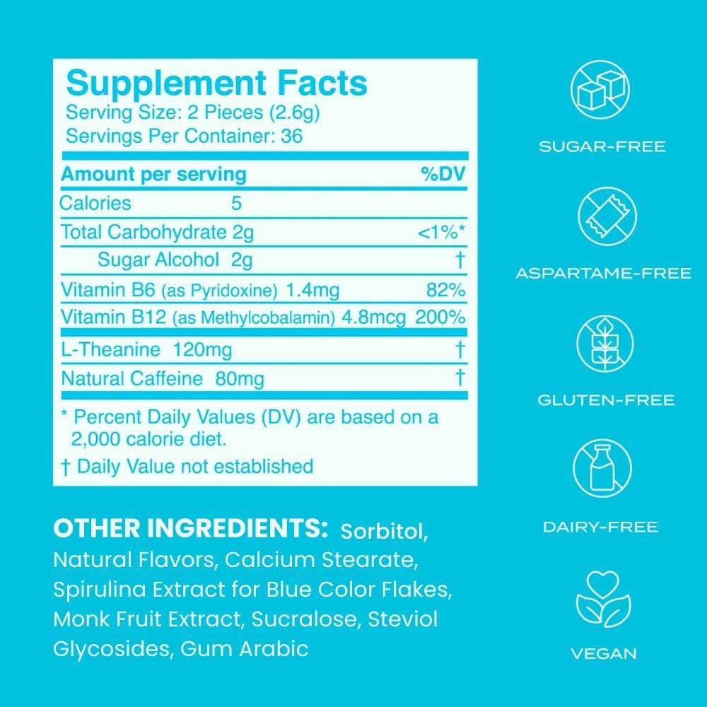 Energy Caffeine Mints (72 Pieces) - Sugar Free with L-Theanine + Natural Caffeine + Vitamin B12 & B6 - Nootropic Energy & Focus Supplement for Women & Men - Keto & Vegan, Peppermint Flavor