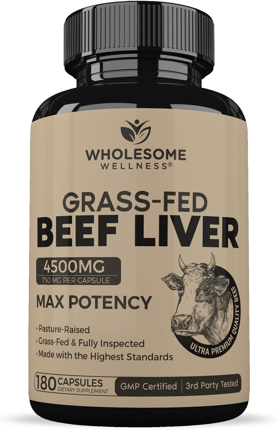 Grass Fed Desiccated Beef Liver Capsules (180 Pills, 750Mg Each) - Natural Iron, Vitamin A, B12 for Energy - Humanely Pasture Raised Undefatted in New Zealand without Hormones or Chemicals