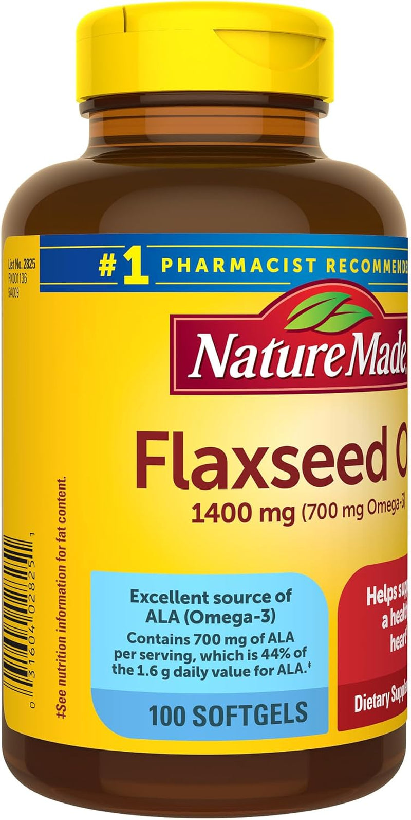 Extra Strength Flaxseed Oil 1400 Mg, Fish Free Omega 3 Supplement, Dietary Supplement for Heart Health Support, 100 Softgels, 100 Day Supply