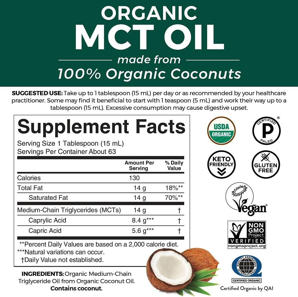 Organic MCT Oil 32 Fl Oz - Best MCT Oil Organic for Coffee, MCT Coconut Oil Supports Energy & Mental Clarity, USDA Organic, Non-Gmo, Paleo & Keto Certified, MCT Wellness