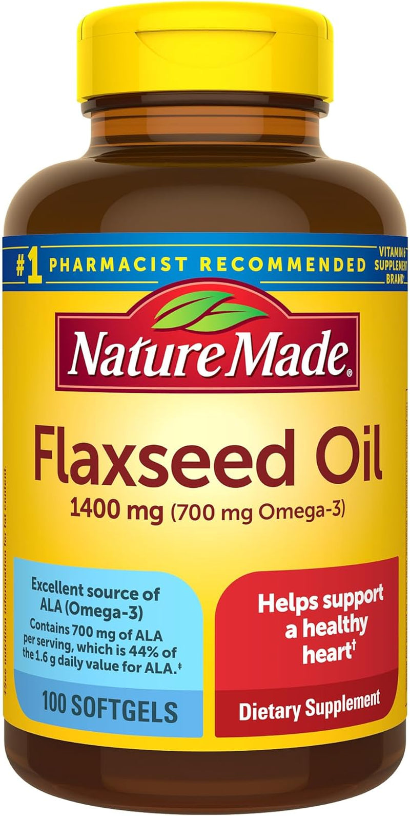 Extra Strength Flaxseed Oil 1400 Mg, Fish Free Omega 3 Supplement, Dietary Supplement for Heart Health Support, 100 Softgels, 100 Day Supply