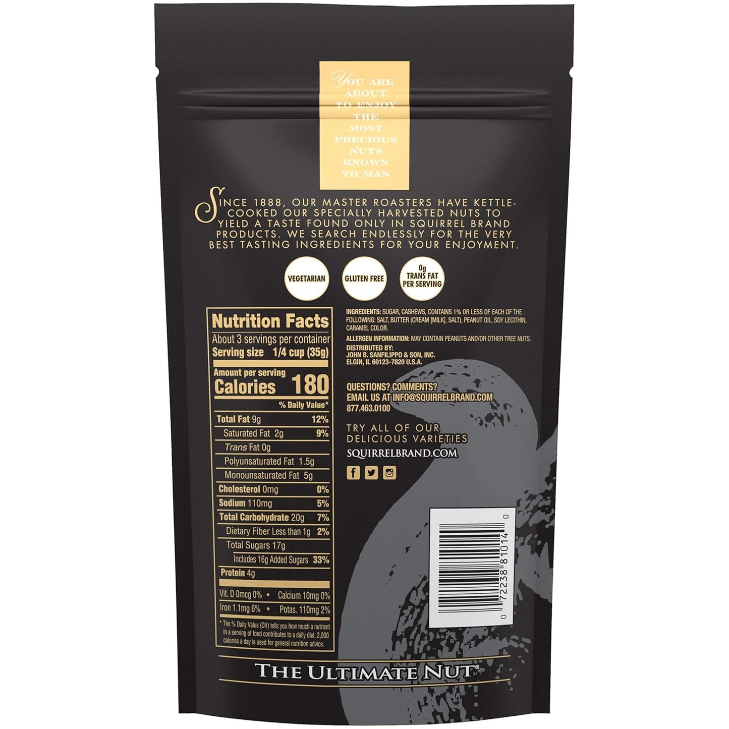 Sweet Brown Butter Cashews, 3.5 Ounces Resealable Bag, Gluten Free, Vegetarian