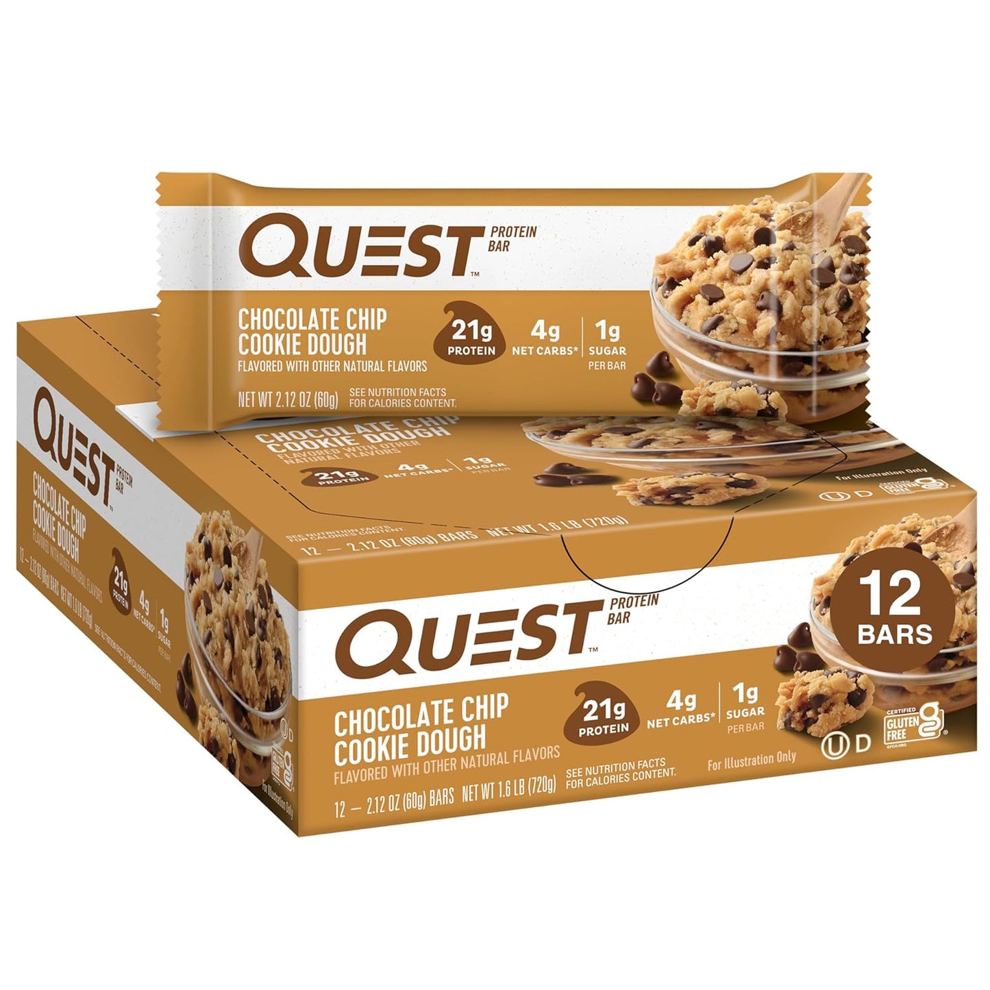 Chocolate Chip Dough Cookie Protein Bars, 21G Protein, 1G Sugar, 4G Net Carb, Gluten Free, Keto Friendy, 12 Count