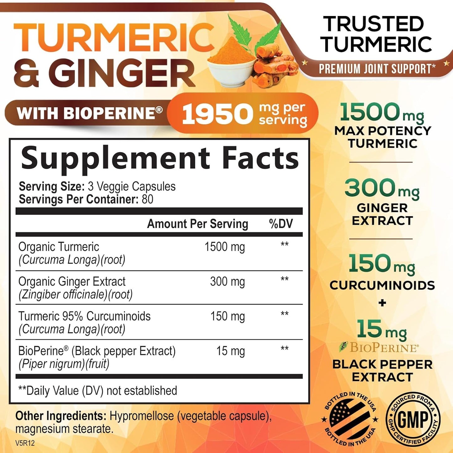 Turmeric Curcumin Supplement 1950Mg with Organic Turmeric & Ginger, 95% Curcuminoids, Bioperine Black Pepper for Best Absorption, Nature'S Vegan Joint Support, Non-Gmo, Bottled in USA - 240 Capsules