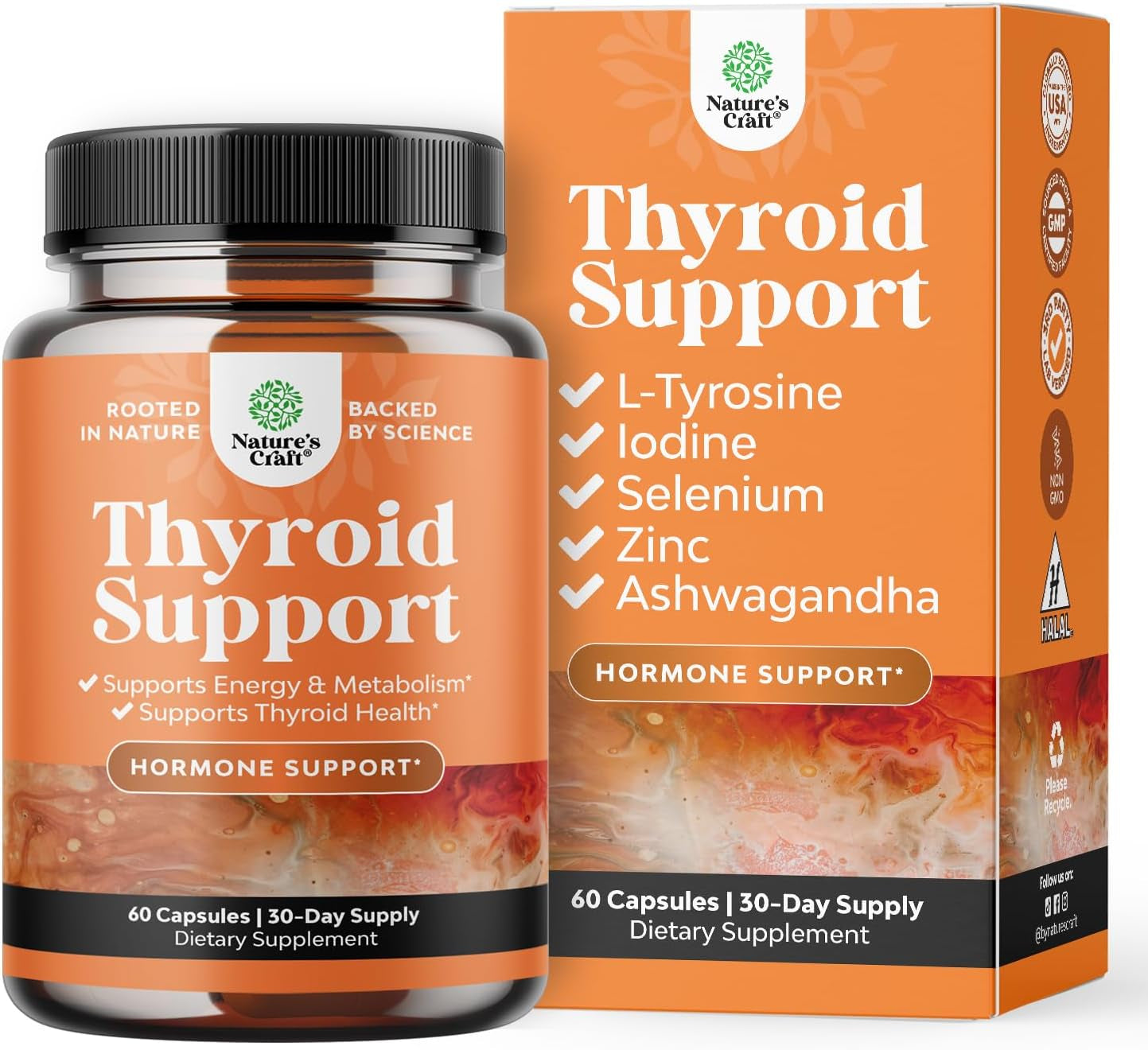 Herbal Thyroid Support Complex - Iodine Thyroid Supplement with L Tyrosine Bladderwrack Kelp Selenium and Ashwagandha - Mood Enhancer Energy Supplement for Thyroid Health - 60 Halal Capsules