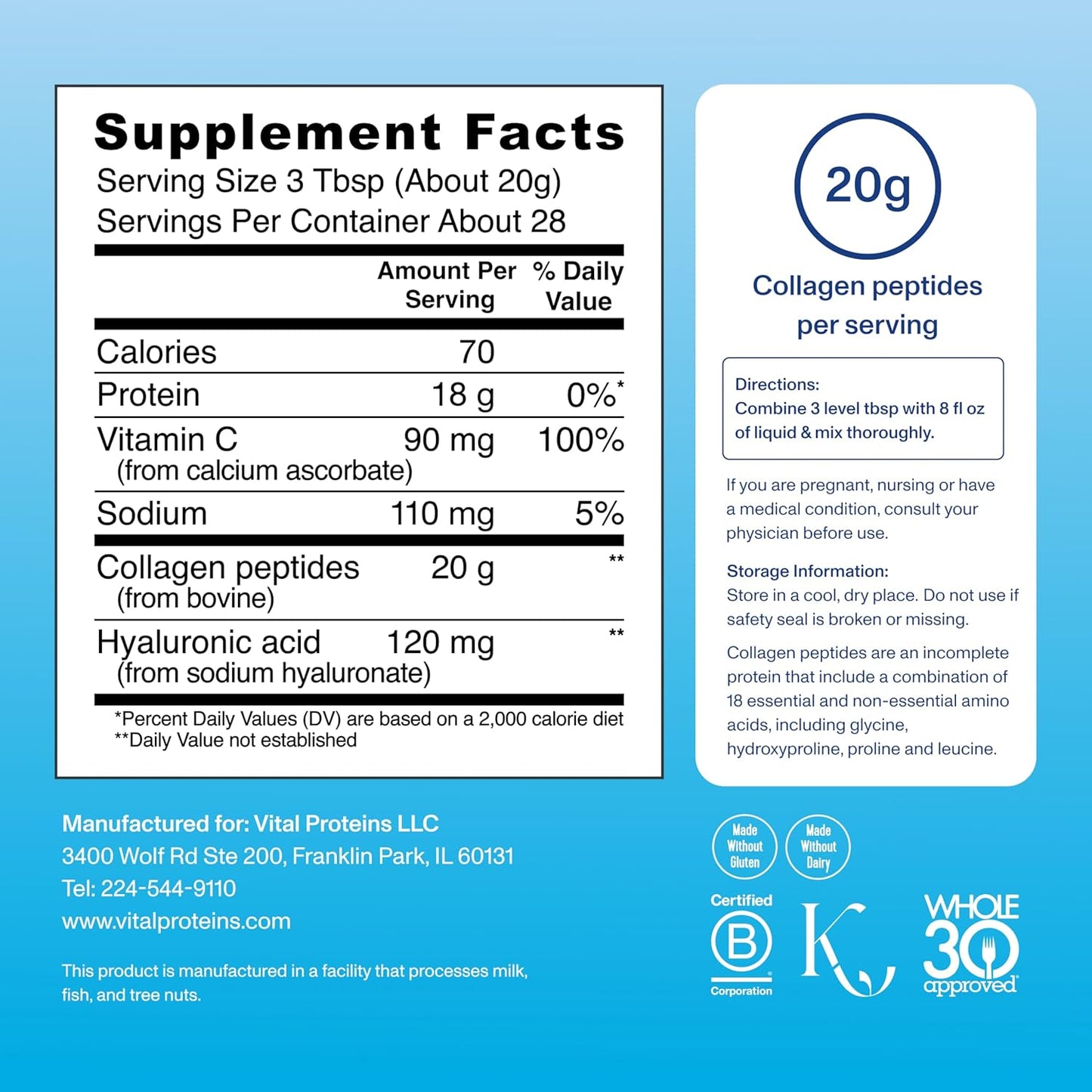 Collagen Peptides Powder with Hyaluronic Acid and Vitamin C, Unflavored, 20 Oz