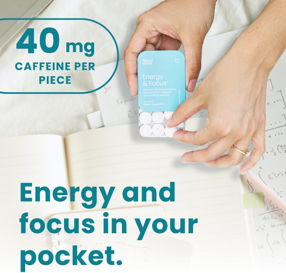 Energy Caffeine Mints (72 Pieces) - Sugar Free with L-Theanine + Natural Caffeine + Vitamin B12 & B6 - Nootropic Energy & Focus Supplement for Women & Men - Keto & Vegan, Peppermint Flavor