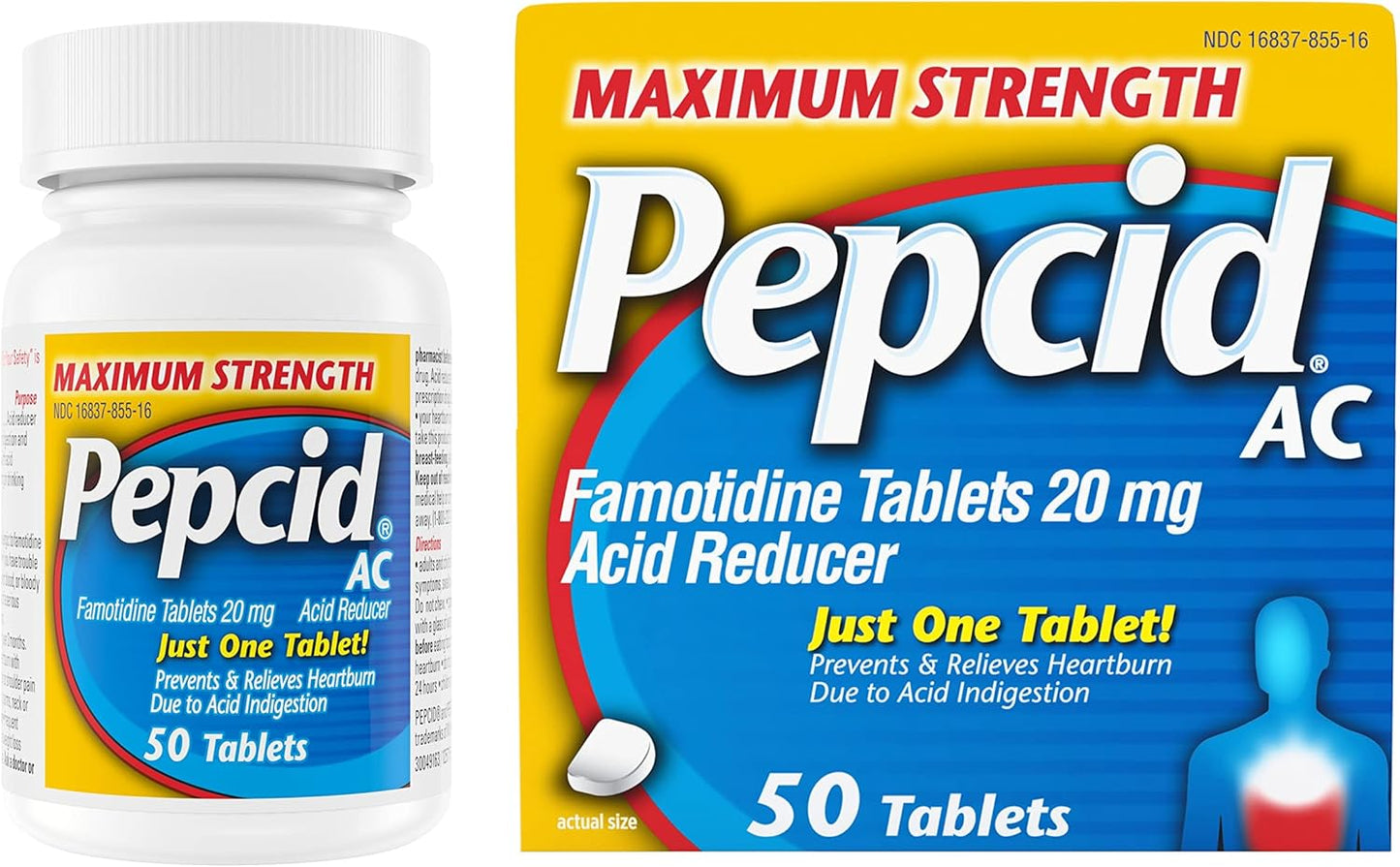 AC Maximum Strength Heartburn Relief Tablets, OTC Medicine Prevents & Relieves Heartburn Due to Acid Indigestion & Sour Stomach, 20Mg Famotidine Acid Reducer, Fast-Acting, 50 Ct