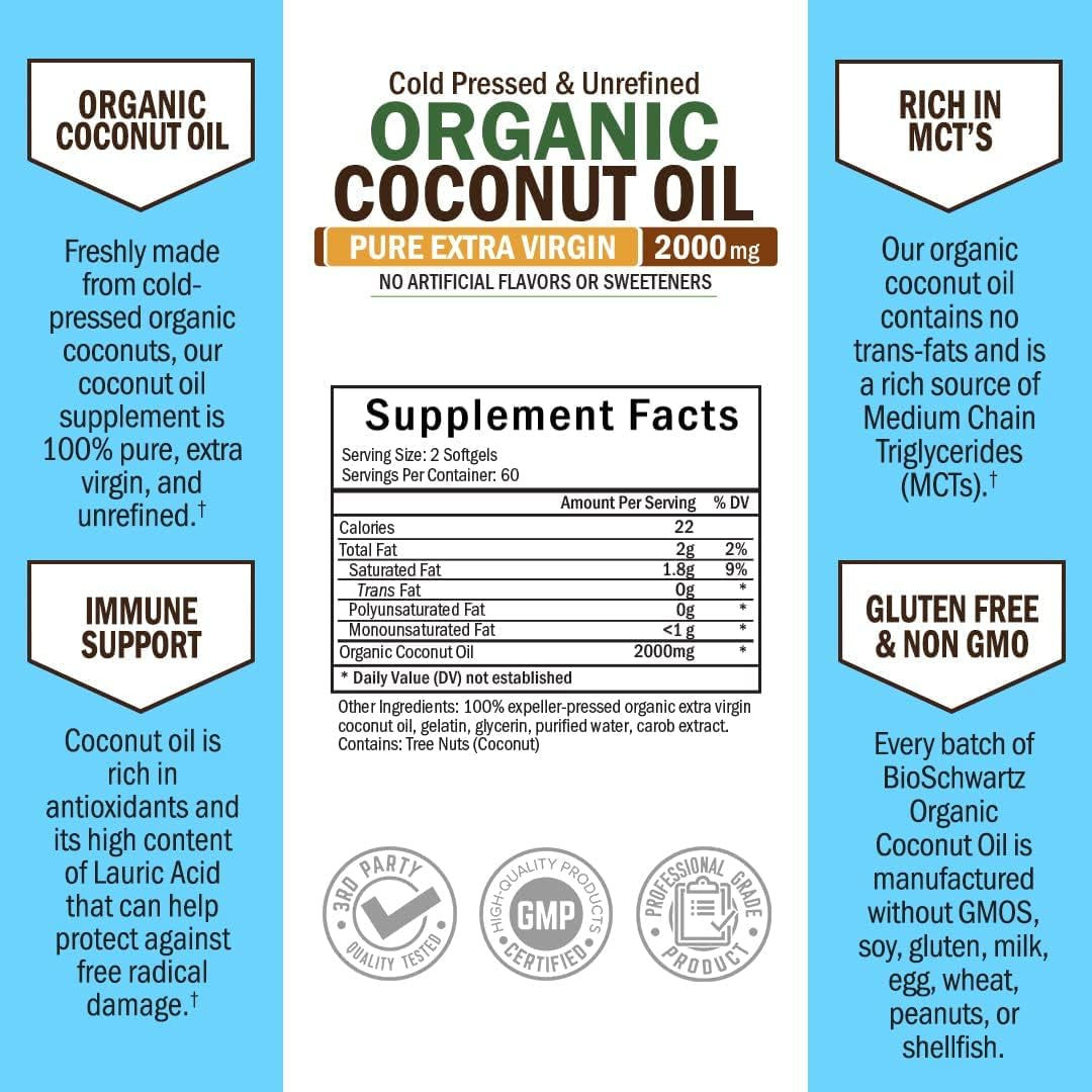 Coconut Oil Capsules 2000Mg - Organic Pure Extra Virgin Unrefined Cold Pressed MCT Rich & Non-Gmo for Healthy Skin Nails Hair Growth Support Bloating anti Aging Digestion - 120Ct (2 Month Supply)