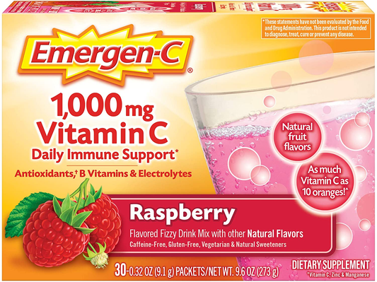 1000Mg Vitamin C Powder, with Antioxidants, B Vitamins and Electrolytes, Immunity Supplements for Immune Support, Caffeine Free Fizzy Drink Mix, Raspberry Flavor - 30 Count/1 Month Supply