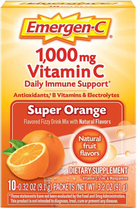 1000Mg Vitamin C Powder for Daily Immune Support Caffeine Free Vitamin C Supplements with Zinc and Manganese B Vitamins and Electrolytes Super Orange Flavor - 10 Count