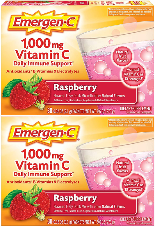 1000Mg Vitamin C Powder, with Antioxidants, B Vitamins and Electrolytes, Vitamin C Supplements for Immune Support, Caffeine Free Drink Mix, Raspberry Flavor - 60 Count/2 Month Supply